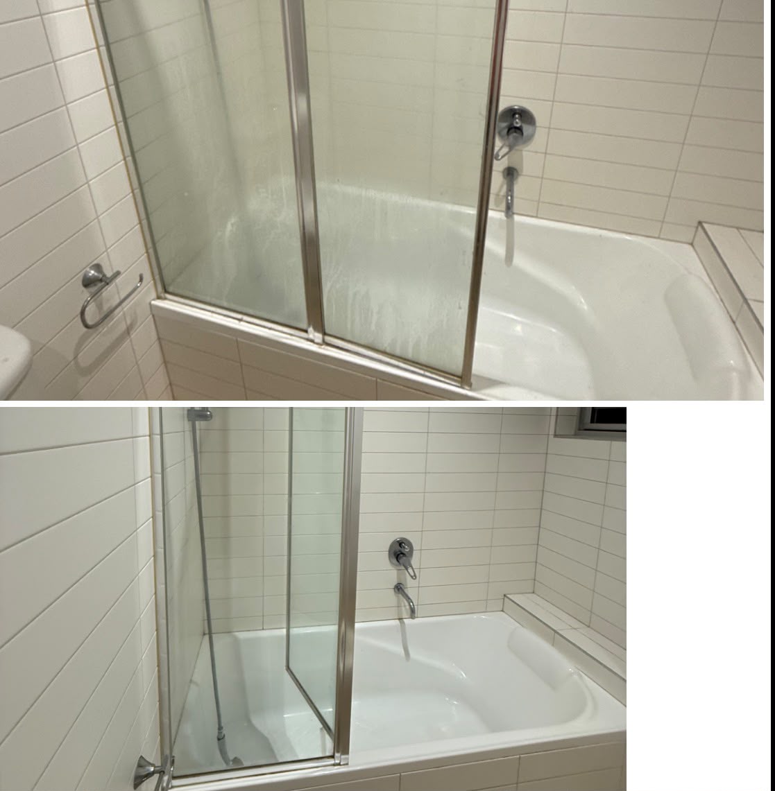 Shower screen clouded with soap scum before cleaning and clear glass after