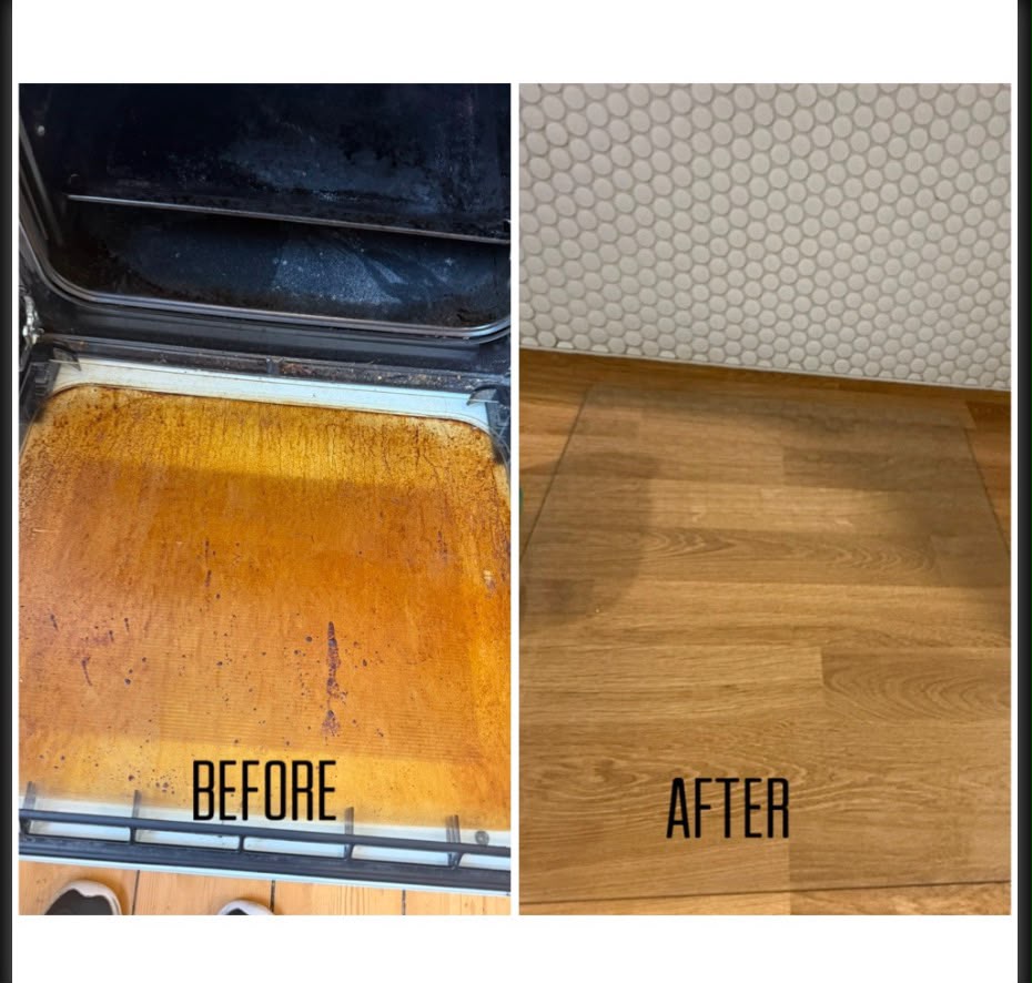 Grease-caked oven and baking tray, and a cleaned kitchen floor