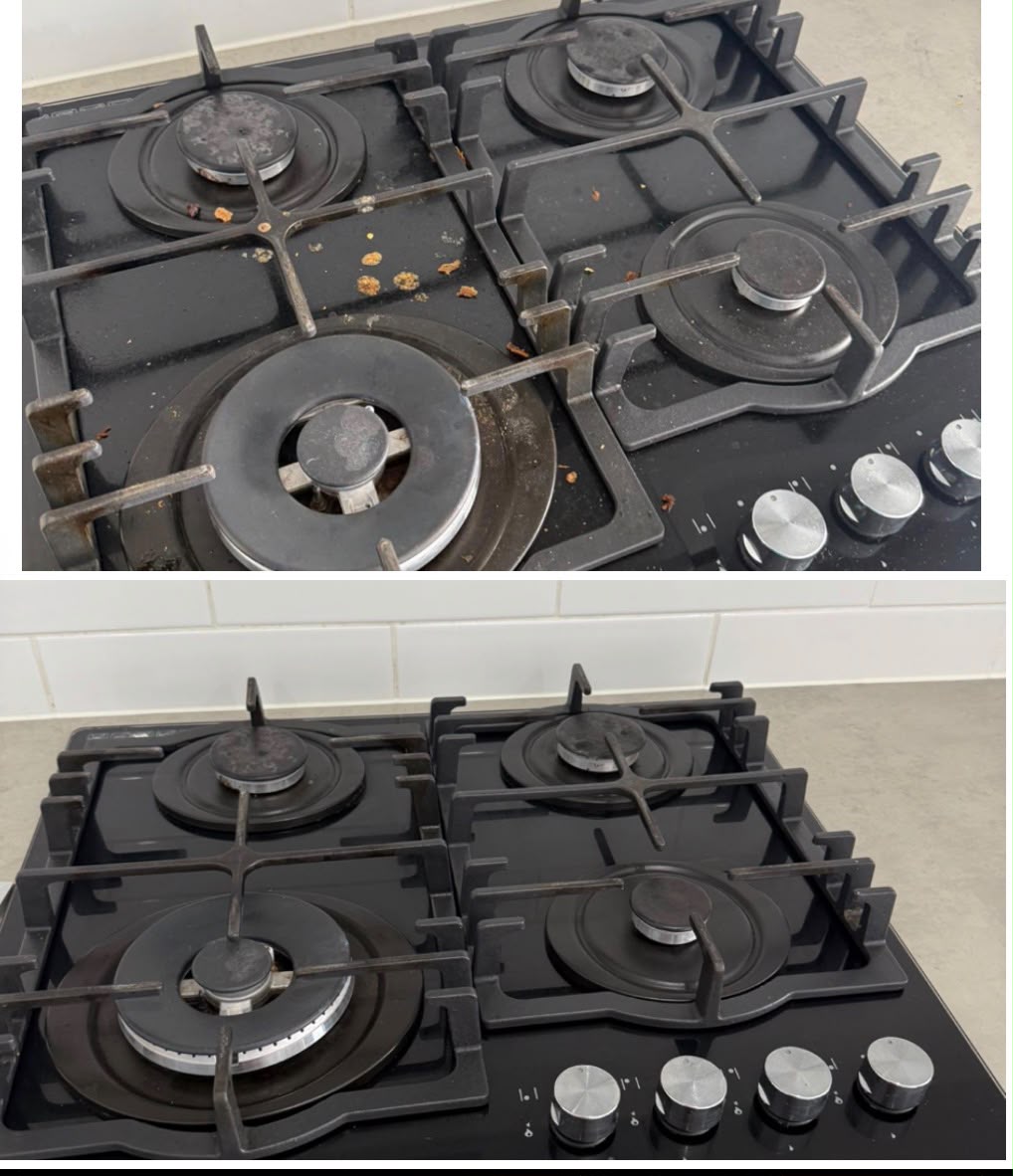 Gas cooktop covered in burnt food before cleaning and left clean after